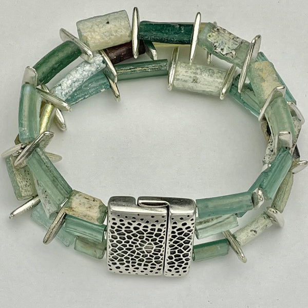aqua colored roman glass bracelet 3 str