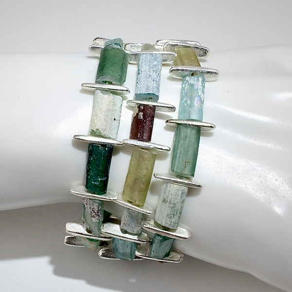 aqua colored roman glass bracelet 3 str