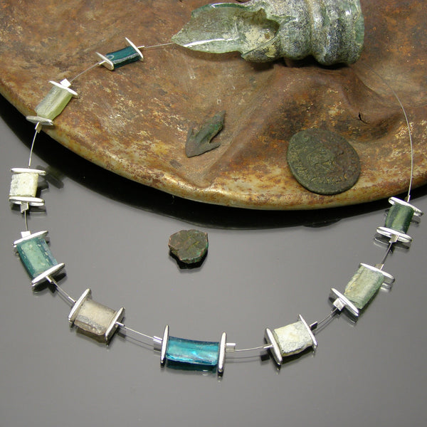 pastel colored 9 rectangular roman glass bead necklace