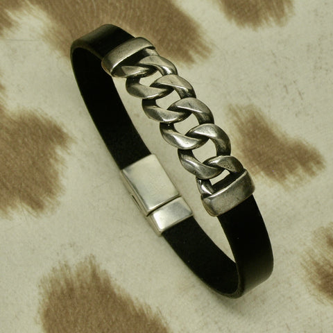 men's flat leather bracelet chain design black