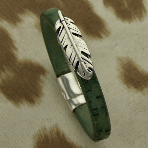 men's bracelet sage colored solid leather with silver feather