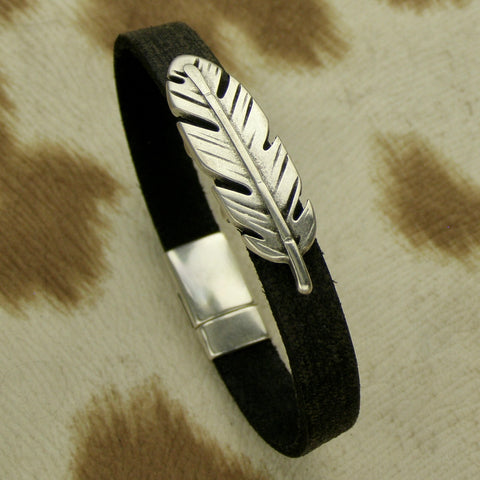 men's bracelet black flat leather with silver feather