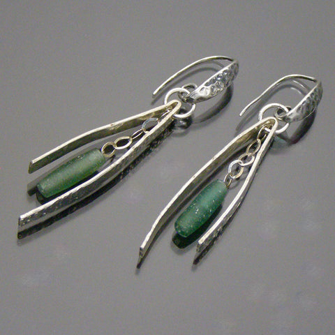 green roman glass dangles on hammered French wires