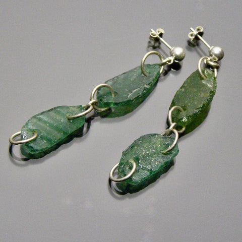 dangly lagoon tone roman glass earrings on posts