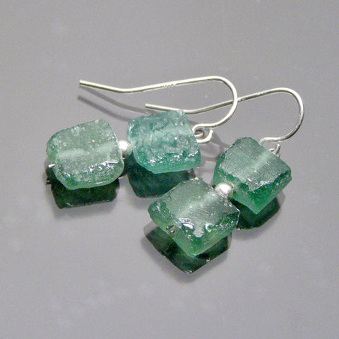 2 square pieces ocean tone roman glass earrings on French wires