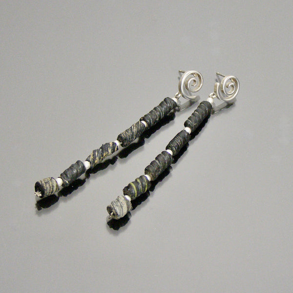 long black roman glass earrings on swirl posts