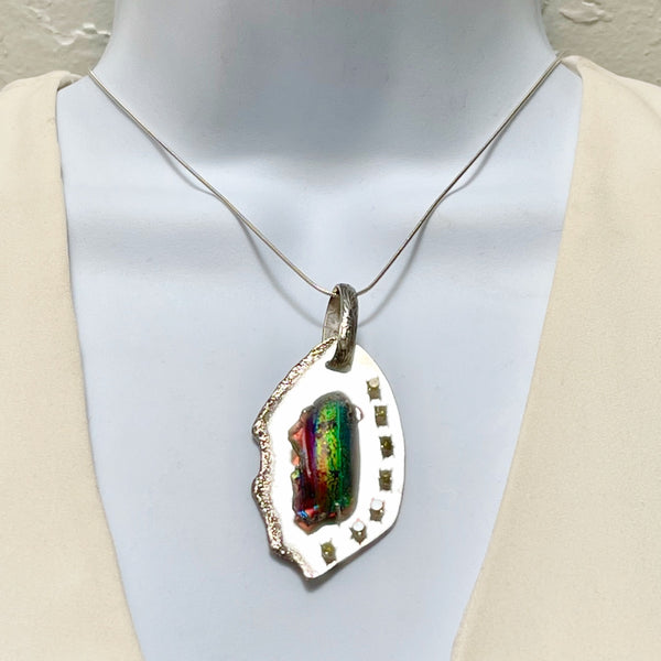 rainbow colored roman glass pendant with peridot