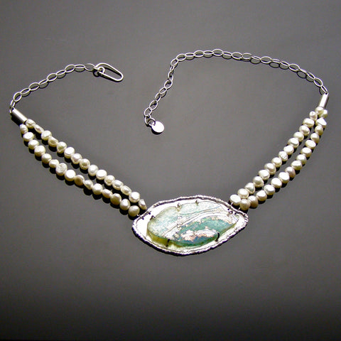 opalescent roman glass necklace on freshwater pearls