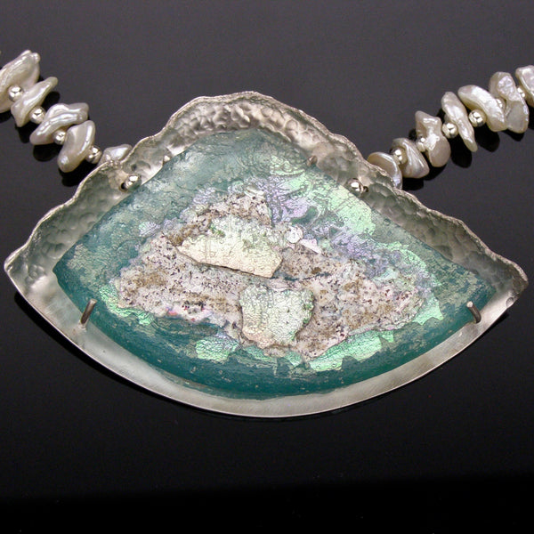 opalescent roman glass and pearl necklace