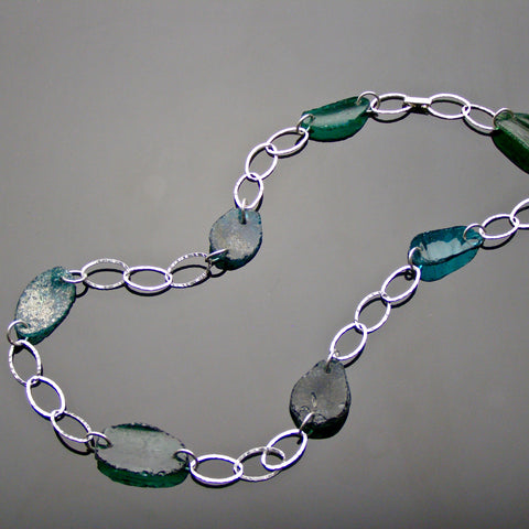 blue-green roman glass chain link necklace